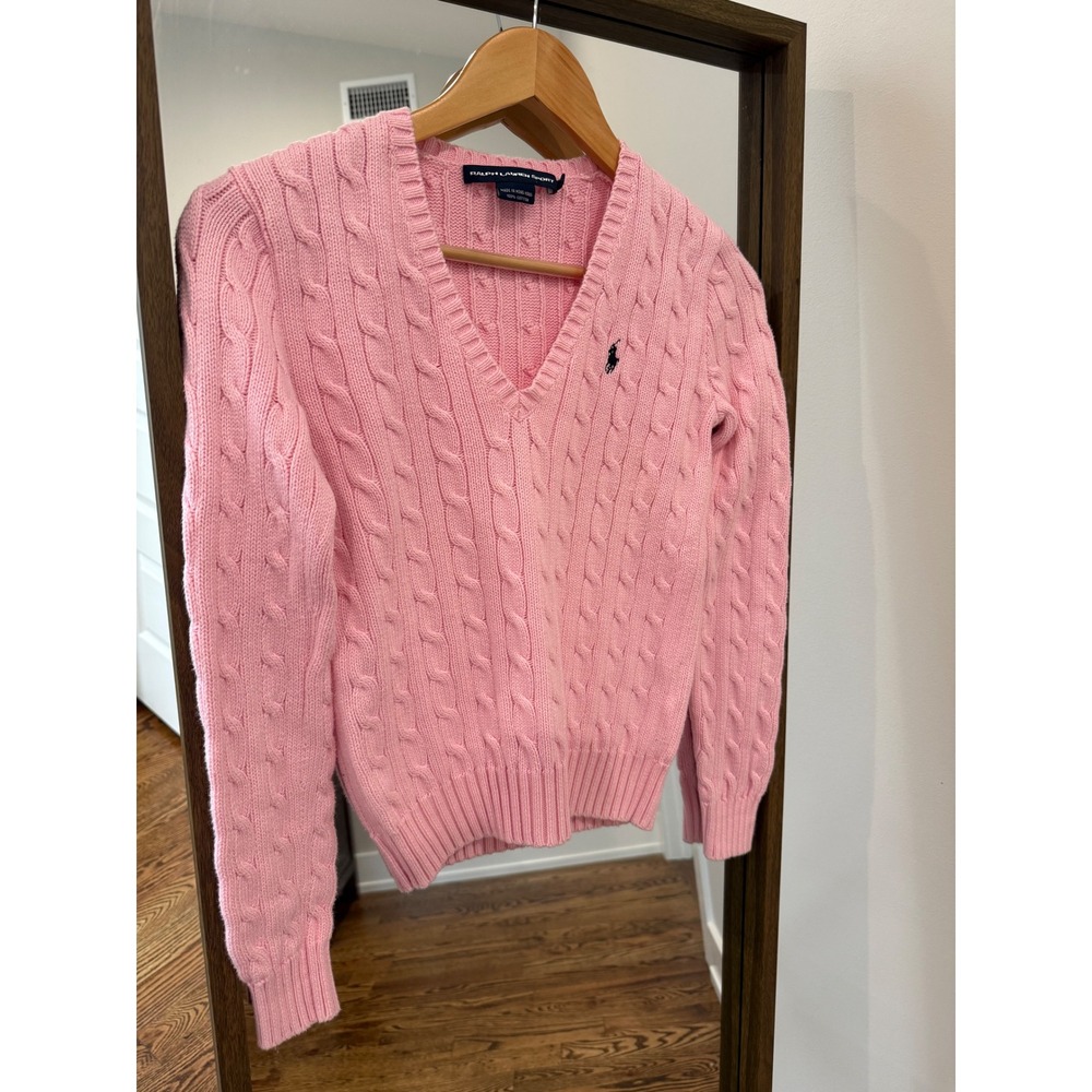 Ralph Lauren Pink Cable Knit V-Neck Sweater